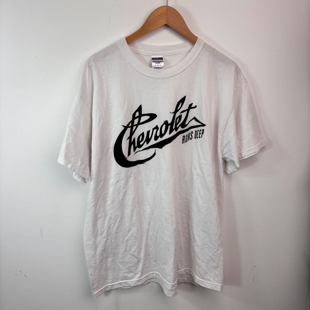 Chevrolet Runs Deep Chevy Logo White Graphic T Shirt Jerzees XL Auto Racing GM